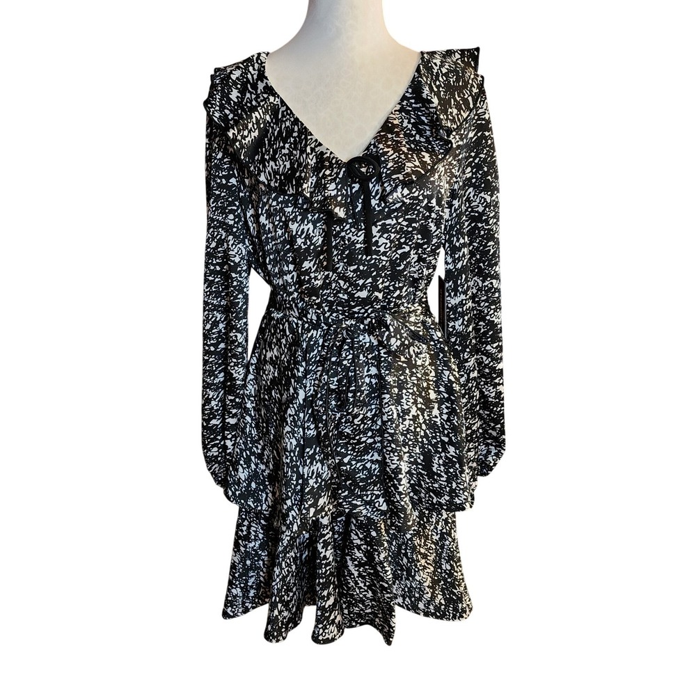 Karl Lagerfeld Paris Black White Abstract Ruffle Dress 12 Workwear Cocktail